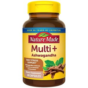 Nature Made Multi + Ashwagandha, Multivitamin for Women and Men for Daily Stress Relief Support, Multivitamin for Men and Women, One Per Day Mens and Womens Vitamins, 60 Capsules